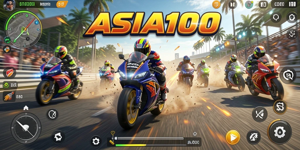 Screenshot ASIA100 menampilkan balapan motor yang mendebarkan.