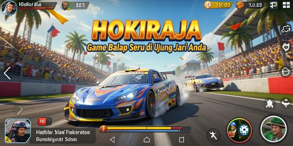Screenshot gameplay HOKIRAJA yang menunjukkan aksi balap seru di lintasan