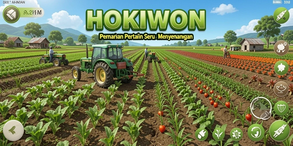 Tampilan gameplay HOKIWON dengan ladang hijau subur dan tanaman yang tumbuh.