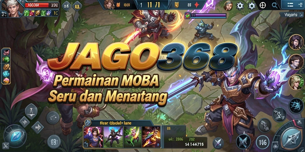 Screenshot utama JAGO368 menampilkan aksi pertempuran seru di arena MOBA.