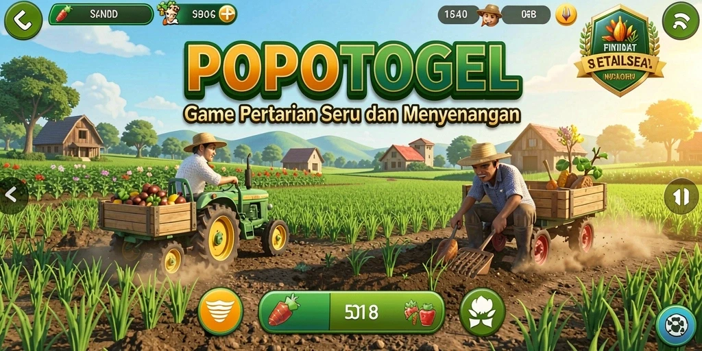 Screenshot dari gameplay POPOTOGEL yang menampilkan kebun yang subur dan berwarna-warni.